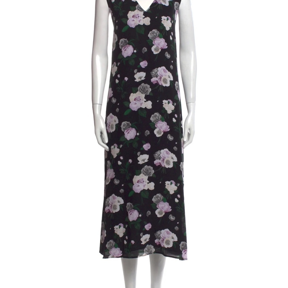 Equipment Midi Silk Slip Dress Black w/Floral Print Sleeveless V-Neck Lined Sz L